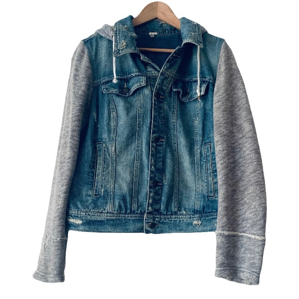 Free People Distressed Knit Hooded Jean Jacket Blue Gray Women’s L Y2k Grunge - Picture 3 of 10